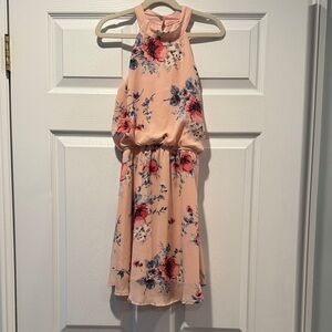 Girls Peach Floral Halter Dress with Gathered Waist